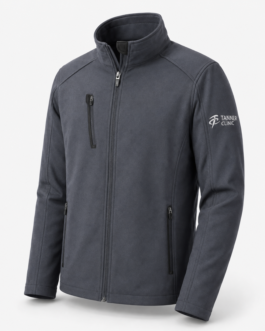 Battleship gray Port Authority soft shell jacket with embroidered Tanner Clinic logo